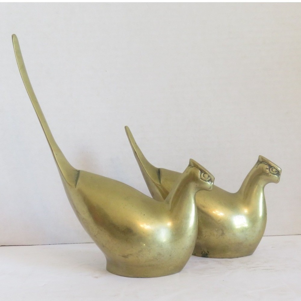 Vintage MCM Pair of Brass Birds Long Tail Pheasant Figurine Set